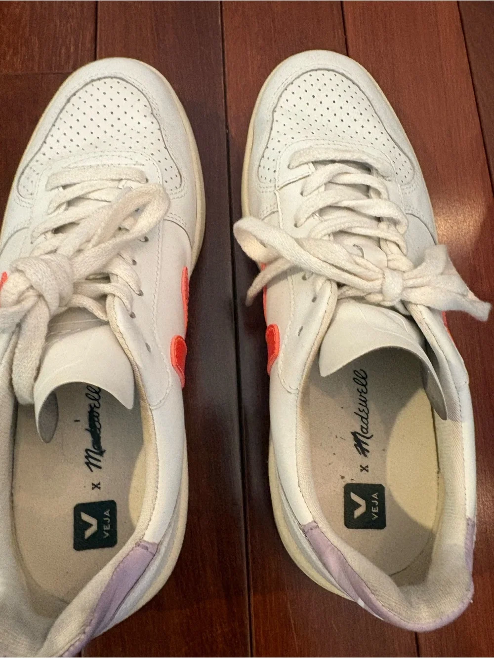 Veja White Leather Sneakers with Red Coral V Accent